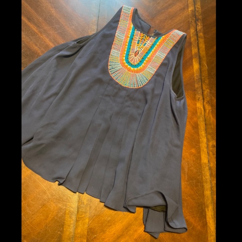 Ranna Gill Navy Sleeveless Embroidered Yoke Blouse